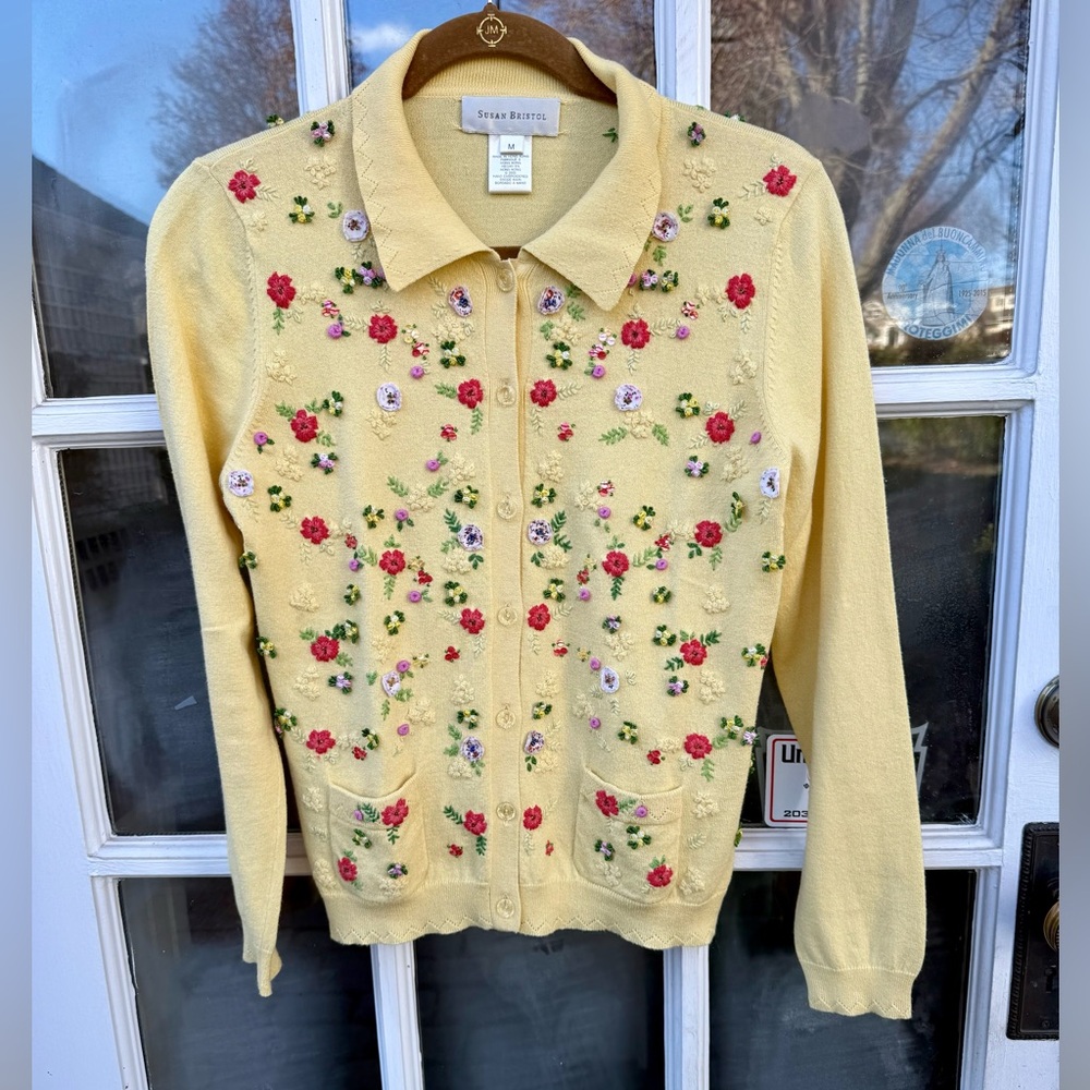 Susan Bristol Women’s Hand Embroidered Yellow Collared Cardigan sz Medium